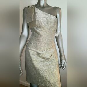 ◇$900 THEIA SHIMMERY GOLD RUNWAY BOW DRESS GOWN US 6
